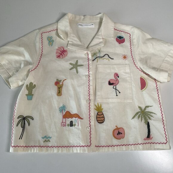 Zara Girls 9-10 140cm Cream Colored Blouse Top With Embroidery Vacation Theme - Picture 1 of 10